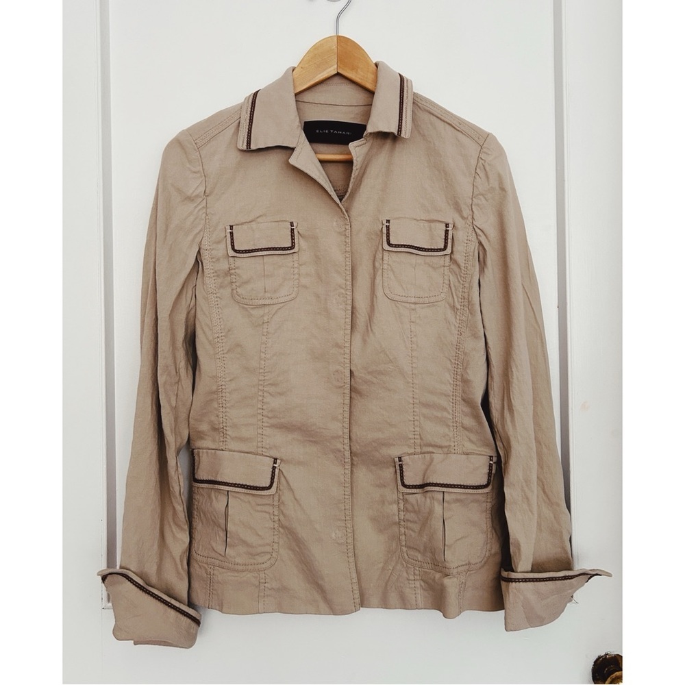 Elie Tahari Beige Linen Jacket with Dark Brown Detailing M